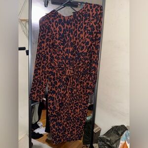 PrettyLittleThing tie in front Copper & Navy Animal Print Midi Wrap Dress